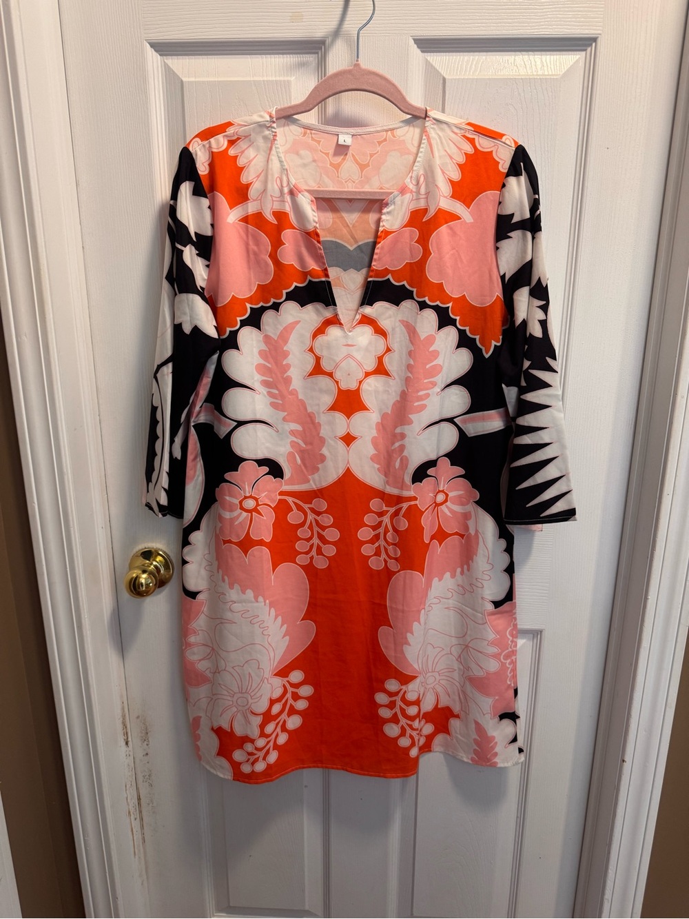 Vibrant Pink & Orange Floral Long-Sleeve Shift Dress Size L